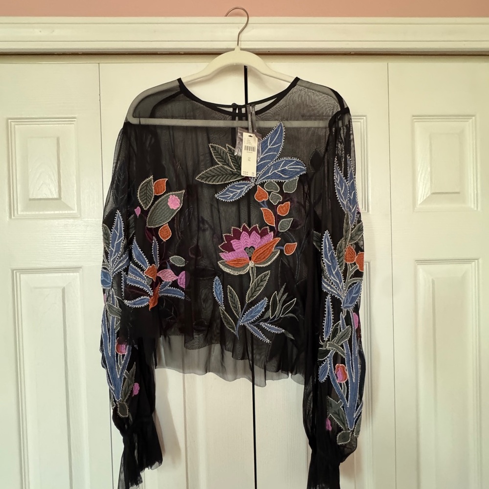 Anthropologie Embellished Pink and Blue Crop Blouse